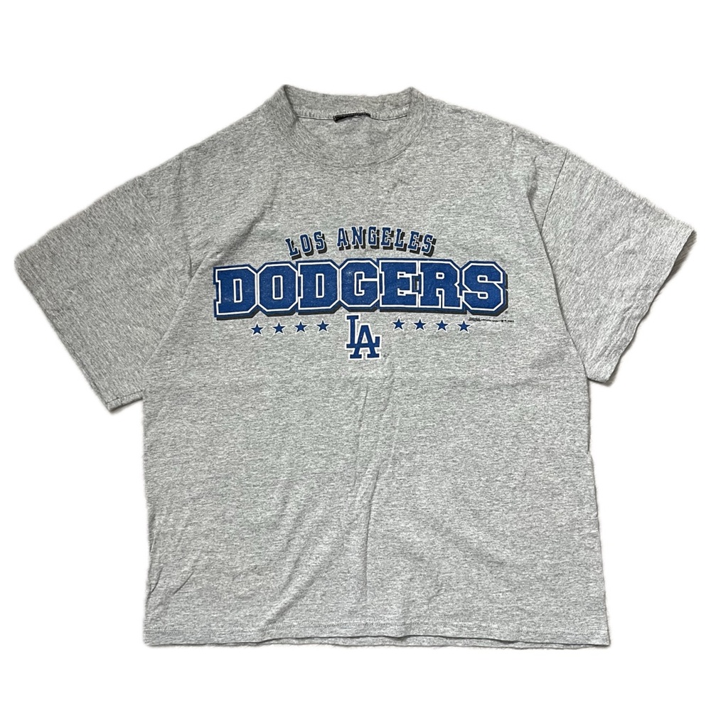 VINTAGE LA DODGERS GRAY AND BLUE TEE BLOCK LETTERS